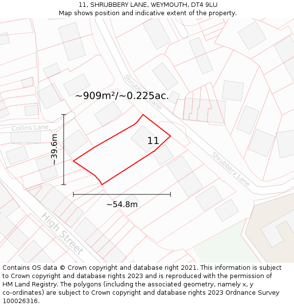 11, SHRUBBERY LANE, WEYMOUTH, DT4 9LU: Plot and title map