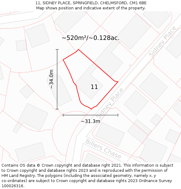 11, SIDNEY PLACE, SPRINGFIELD, CHELMSFORD, CM1 6BE: Plot and title map