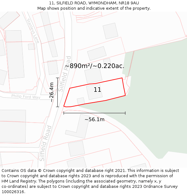 11, SILFIELD ROAD, WYMONDHAM, NR18 9AU: Plot and title map