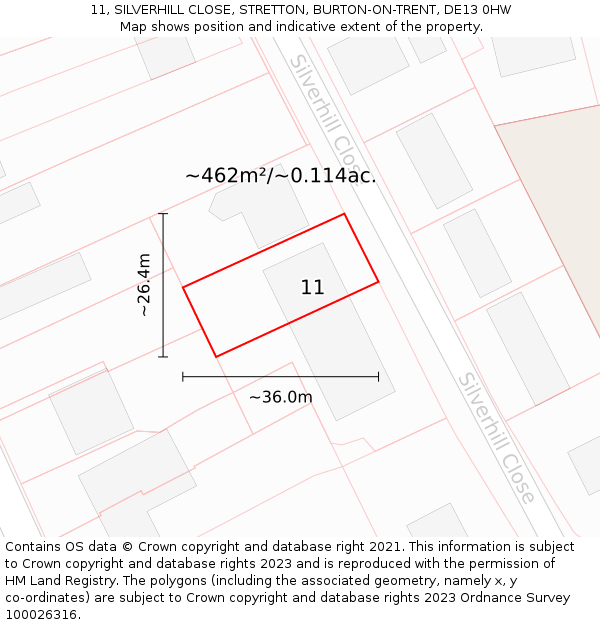 11, SILVERHILL CLOSE, STRETTON, BURTON-ON-TRENT, DE13 0HW: Plot and title map