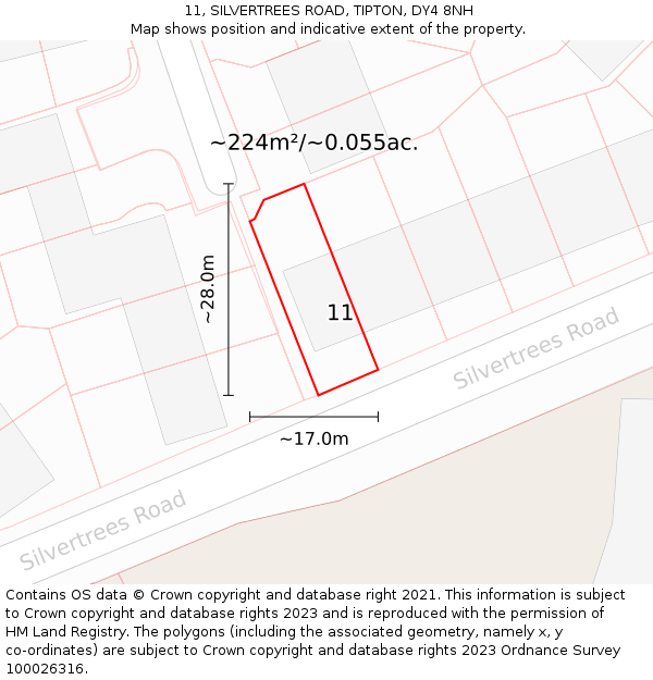 11, SILVERTREES ROAD, TIPTON, DY4 8NH: Plot and title map
