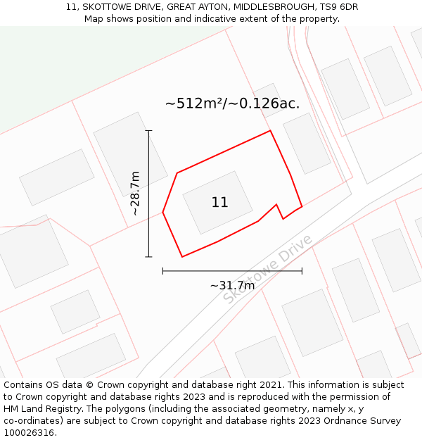 11, SKOTTOWE DRIVE, GREAT AYTON, MIDDLESBROUGH, TS9 6DR: Plot and title map