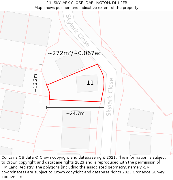 11, SKYLARK CLOSE, DARLINGTON, DL1 1FR: Plot and title map
