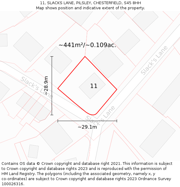 11, SLACKS LANE, PILSLEY, CHESTERFIELD, S45 8HH: Plot and title map