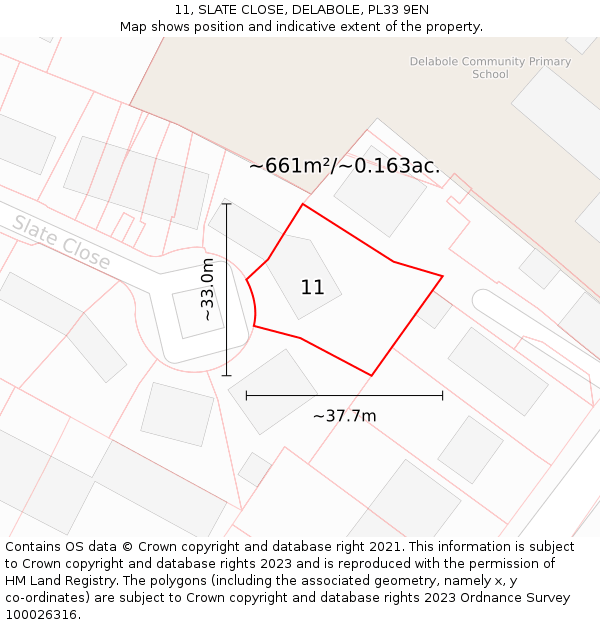 11, SLATE CLOSE, DELABOLE, PL33 9EN: Plot and title map