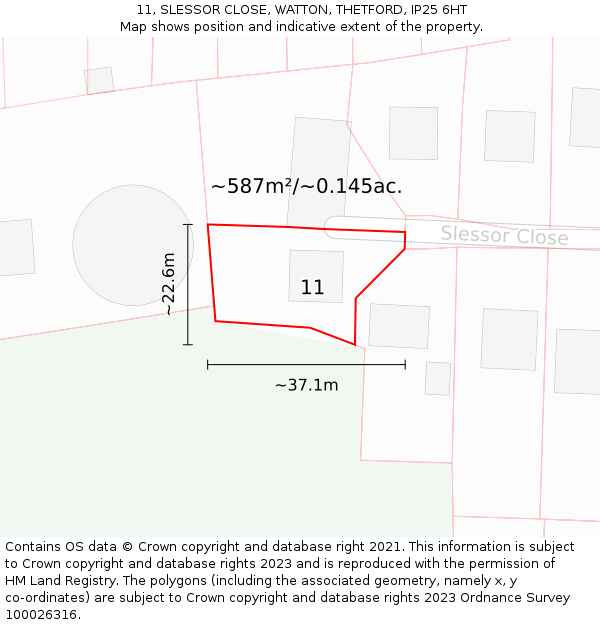 11, SLESSOR CLOSE, WATTON, THETFORD, IP25 6HT: Plot and title map