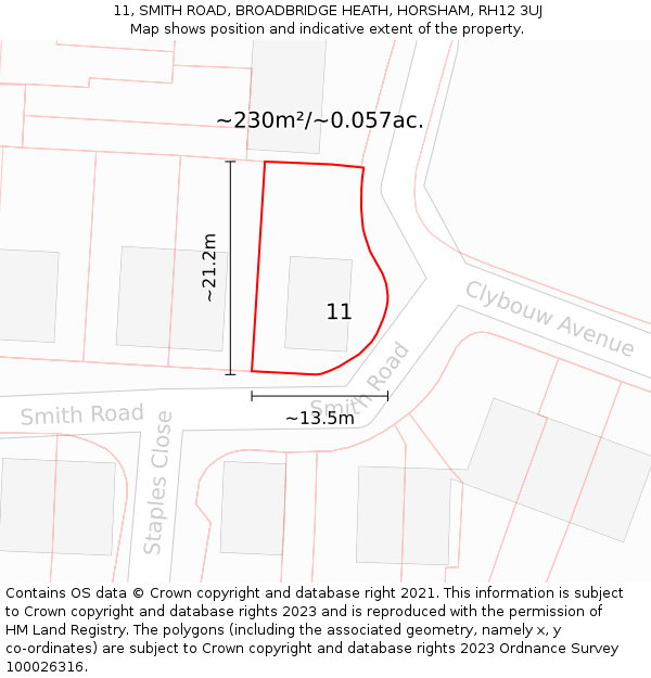 11, SMITH ROAD, BROADBRIDGE HEATH, HORSHAM, RH12 3UJ: Plot and title map