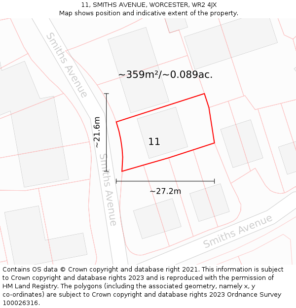 11, SMITHS AVENUE, WORCESTER, WR2 4JX: Plot and title map