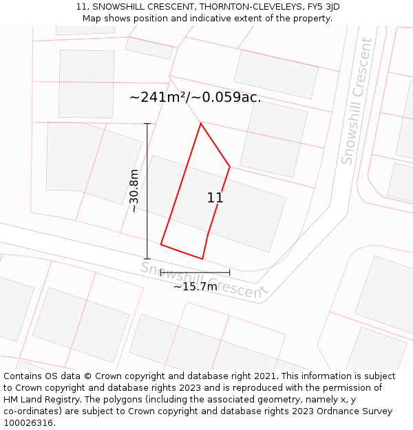 11, SNOWSHILL CRESCENT, THORNTON-CLEVELEYS, FY5 3JD: Plot and title map
