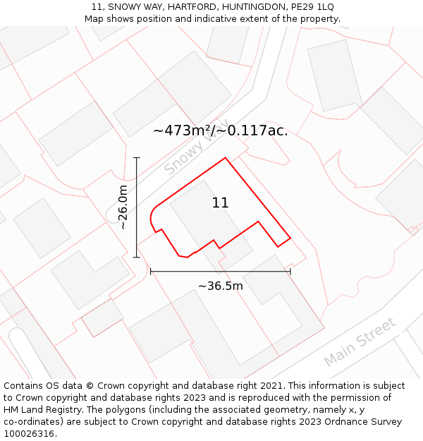 11, SNOWY WAY, HARTFORD, HUNTINGDON, PE29 1LQ: Plot and title map