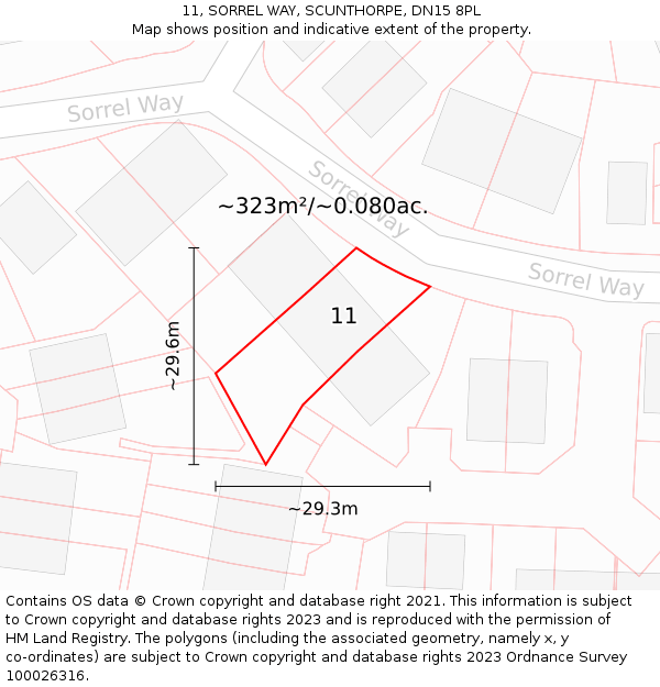 11, SORREL WAY, SCUNTHORPE, DN15 8PL: Plot and title map
