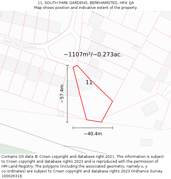11, SOUTH PARK GARDENS, BERKHAMSTED, HP4 1JA: Plot and title map