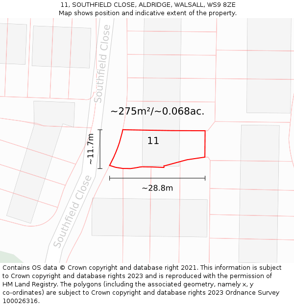 11, SOUTHFIELD CLOSE, ALDRIDGE, WALSALL, WS9 8ZE: Plot and title map