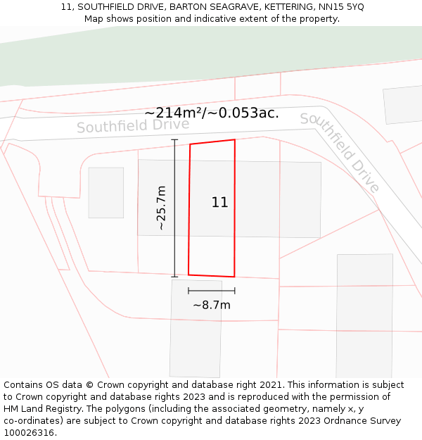 11, SOUTHFIELD DRIVE, BARTON SEAGRAVE, KETTERING, NN15 5YQ: Plot and title map