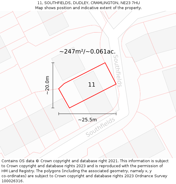 11, SOUTHFIELDS, DUDLEY, CRAMLINGTON, NE23 7HU: Plot and title map