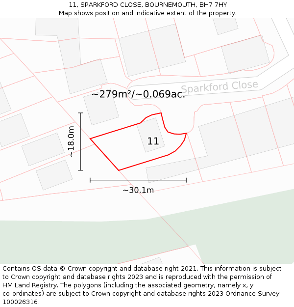 11, SPARKFORD CLOSE, BOURNEMOUTH, BH7 7HY: Plot and title map