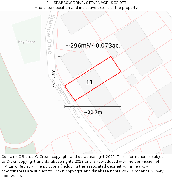 11, SPARROW DRIVE, STEVENAGE, SG2 9FB: Plot and title map