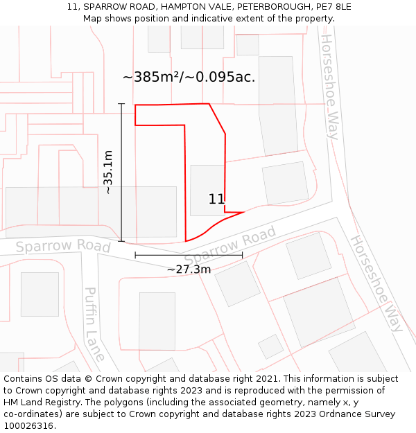 11, SPARROW ROAD, HAMPTON VALE, PETERBOROUGH, PE7 8LE: Plot and title map