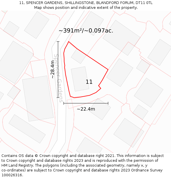 11, SPENCER GARDENS, SHILLINGSTONE, BLANDFORD FORUM, DT11 0TL: Plot and title map