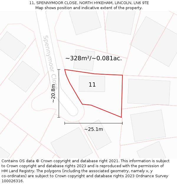 11, SPENNYMOOR CLOSE, NORTH HYKEHAM, LINCOLN, LN6 9TE: Plot and title map