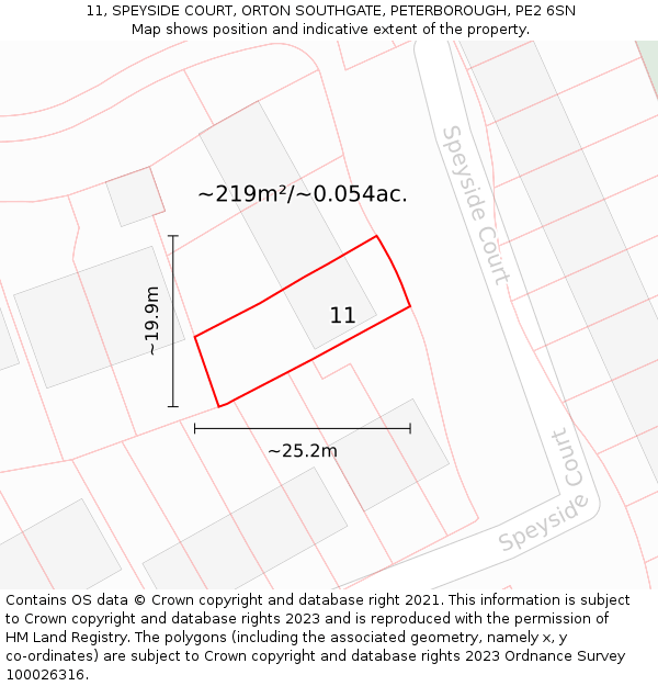 11, SPEYSIDE COURT, ORTON SOUTHGATE, PETERBOROUGH, PE2 6SN: Plot and title map