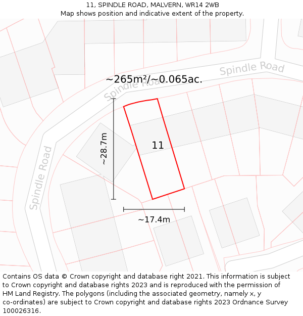 11, SPINDLE ROAD, MALVERN, WR14 2WB: Plot and title map
