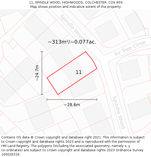 11, SPINDLE WOOD, HIGHWOODS, COLCHESTER, CO4 9SX: Plot and title map