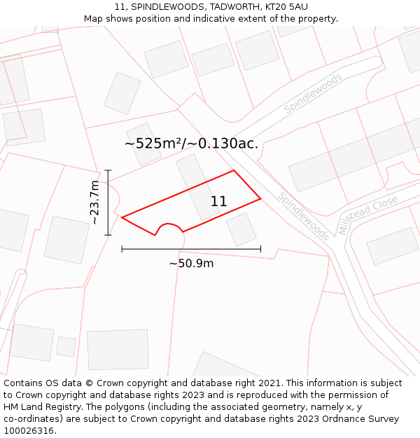 11, SPINDLEWOODS, TADWORTH, KT20 5AU: Plot and title map