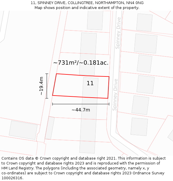 11, SPINNEY DRIVE, COLLINGTREE, NORTHAMPTON, NN4 0NG: Plot and title map