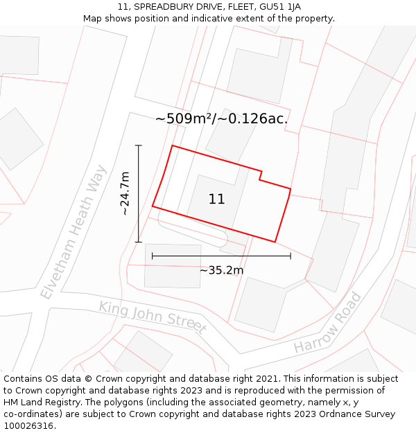 11, SPREADBURY DRIVE, FLEET, GU51 1JA: Plot and title map
