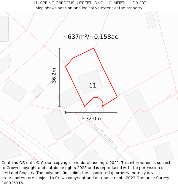 11, SPRING GARDENS, UPPERTHONG, HOLMFIRTH, HD9 3RT: Plot and title map
