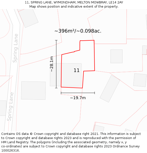 11, SPRING LANE, WYMONDHAM, MELTON MOWBRAY, LE14 2AY: Plot and title map