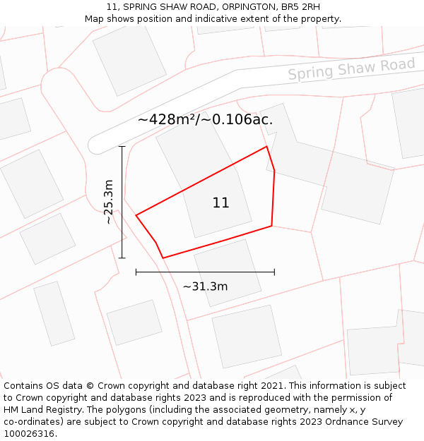 11, SPRING SHAW ROAD, ORPINGTON, BR5 2RH: Plot and title map