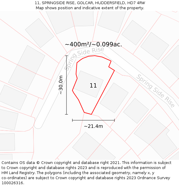 11, SPRINGSIDE RISE, GOLCAR, HUDDERSFIELD, HD7 4RW: Plot and title map