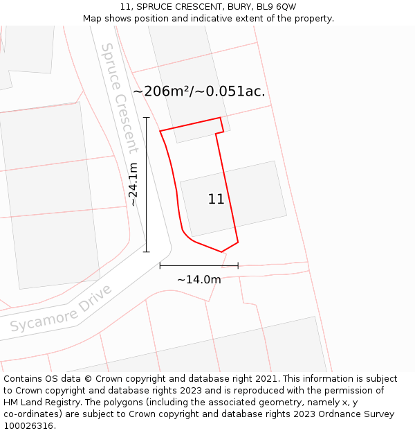 11, SPRUCE CRESCENT, BURY, BL9 6QW: Plot and title map