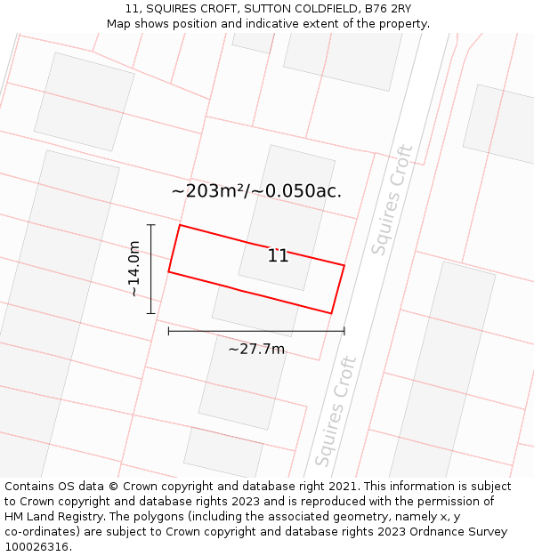 11, SQUIRES CROFT, SUTTON COLDFIELD, B76 2RY: Plot and title map