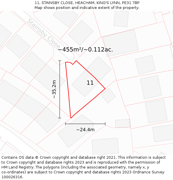 11, STAINSBY CLOSE, HEACHAM, KING'S LYNN, PE31 7BP: Plot and title map