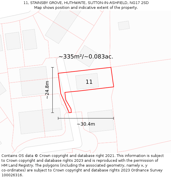 11, STAINSBY GROVE, HUTHWAITE, SUTTON-IN-ASHFIELD, NG17 2SD: Plot and title map