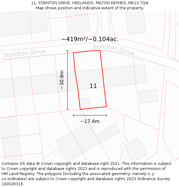 11, STAINTON DRIVE, HEELANDS, MILTON KEYNES, MK13 7QW: Plot and title map