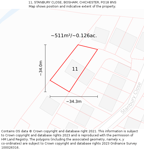 11, STANBURY CLOSE, BOSHAM, CHICHESTER, PO18 8NS: Plot and title map