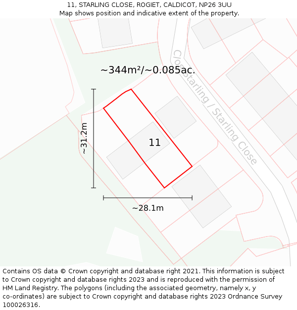 11, STARLING CLOSE, ROGIET, CALDICOT, NP26 3UU: Plot and title map