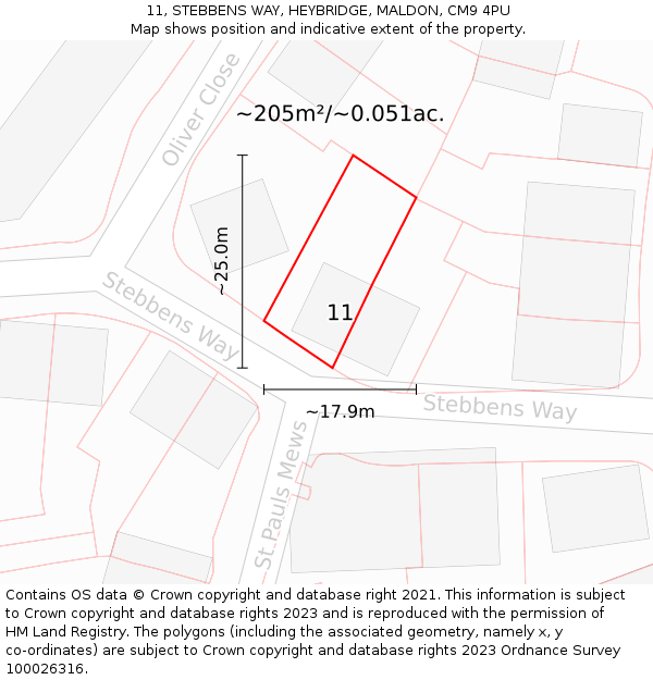 11, STEBBENS WAY, HEYBRIDGE, MALDON, CM9 4PU: Plot and title map