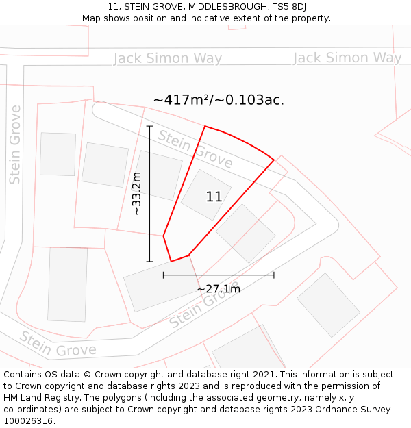 11, STEIN GROVE, MIDDLESBROUGH, TS5 8DJ: Plot and title map