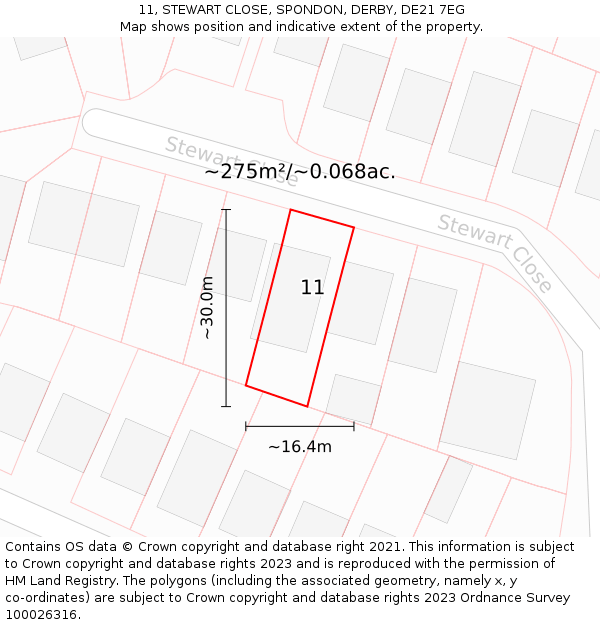 11, STEWART CLOSE, SPONDON, DERBY, DE21 7EG: Plot and title map