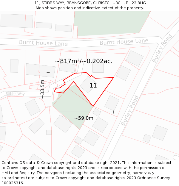 11, STIBBS WAY, BRANSGORE, CHRISTCHURCH, BH23 8HG: Plot and title map