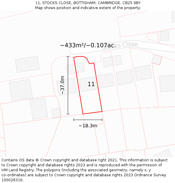 11, STOCKS CLOSE, BOTTISHAM, CAMBRIDGE, CB25 9BY: Plot and title map
