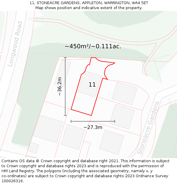 11, STONEACRE GARDENS, APPLETON, WARRINGTON, WA4 5ET: Plot and title map