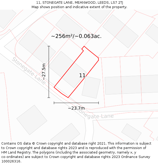 11, STONEGATE LANE, MEANWOOD, LEEDS, LS7 2TJ: Plot and title map