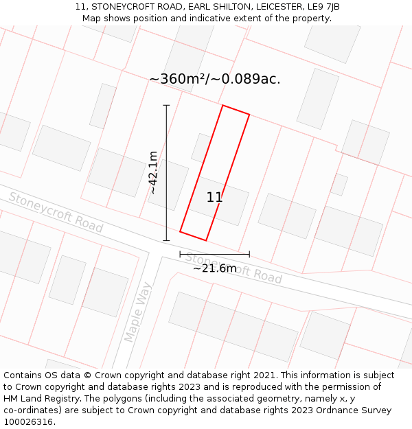 11, STONEYCROFT ROAD, EARL SHILTON, LEICESTER, LE9 7JB: Plot and title map