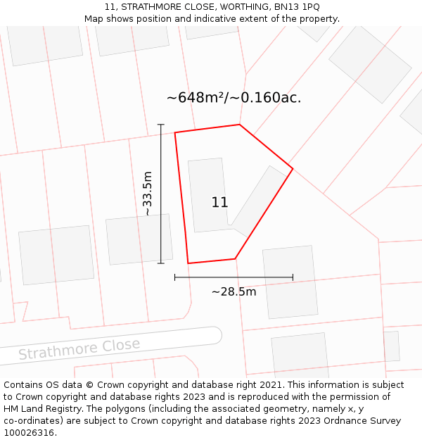 11, STRATHMORE CLOSE, WORTHING, BN13 1PQ: Plot and title map